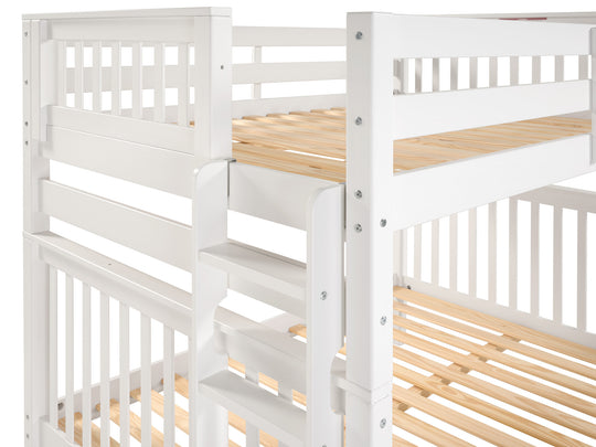 Four-step end ladder and upper-bunk entry on a white full-over-full bunk bed