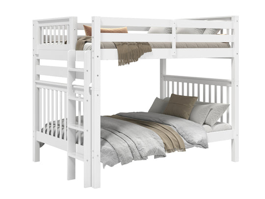 White full-over-full bunk bed showing front and back ladder placement options