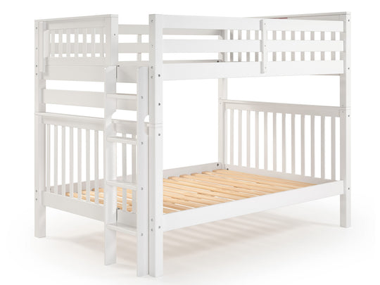 White full-over-full bunk bed showing ladder placement at either end