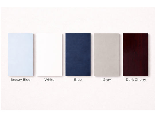 Bedz King wood finish color swatches in Blue, Breezy Blue, Dark Cherry, Gray, and White