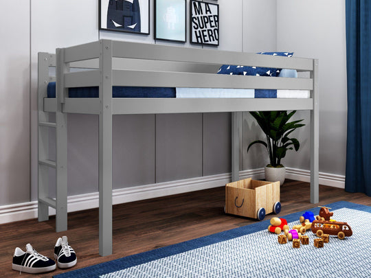 Compact end-ladder detail on the gray JACKPOT twin low loft bed
