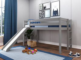 This Low Loft Bed with a ladder and slide in gray will look great in your kids room