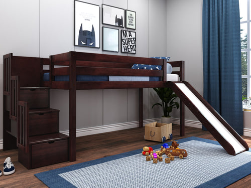 Twin Low Loft Bed 3 Step Stairway and Slide, Cherry