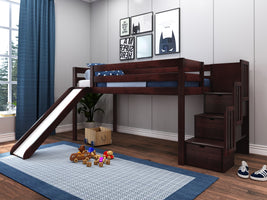 This Low Loft Bed with a stairway and slide in cherry will look great in your kids room