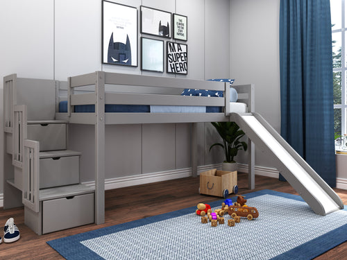 Twin Low Loft Bed 3 Step Stairway and Slide, Gray