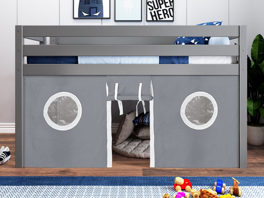 Gray JACKPOT twin low loft bed with gray and white tent and end ladder