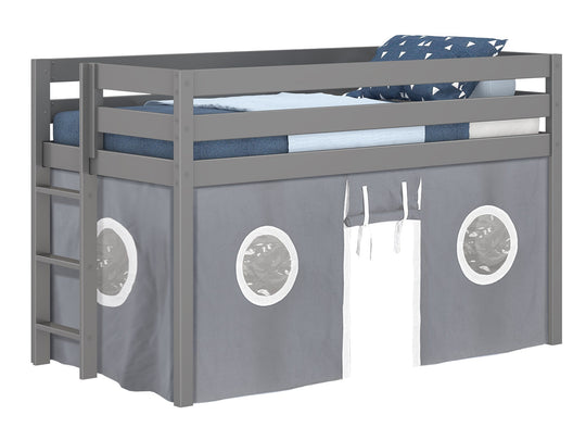 End ladder and gray and white tent on a gray JACKPOT twin low loft bed