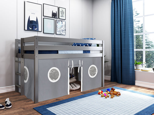 Gray JACKPOT twin low loft bed with gray and white play tent beneath the upper twin