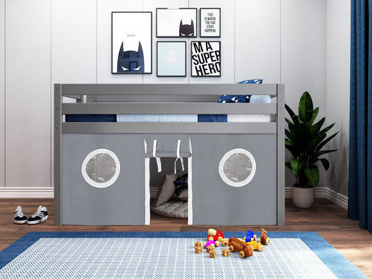 Gray and white play tent beneath the gray JACKPOT twin low loft bed