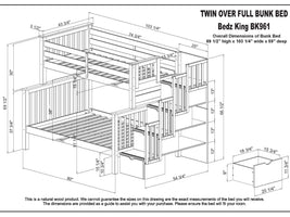 Dimensions for the Bedz King BK 961 Twin over Full Stairway Bunk Bed