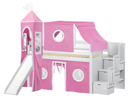 Princess Twin Low Loft White Stairway Bed with Pink and White Tent and a Slide for only $698