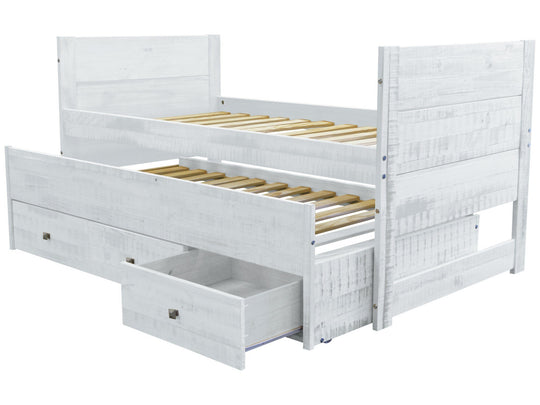 Rustic White twin Captain's bed showing the twin trundle and three storage drawers