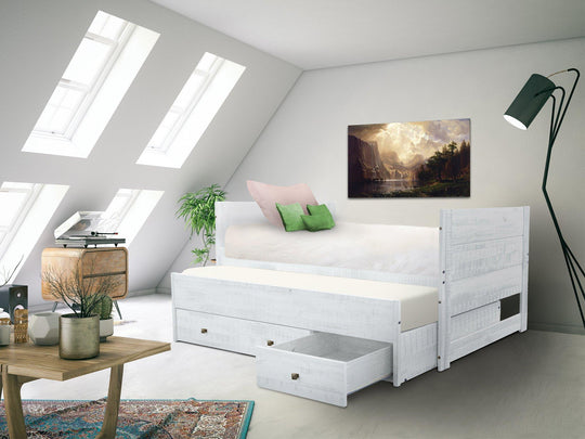 Three storage drawers on metal glides beneath the rustic white BK551 Captain's bed