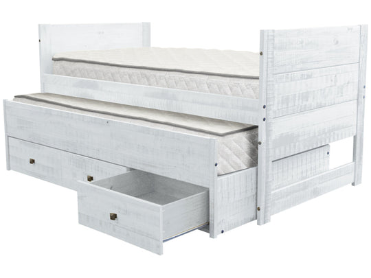 Rustic White twin Captain's bed with roll-out twin trundle and three storage drawers