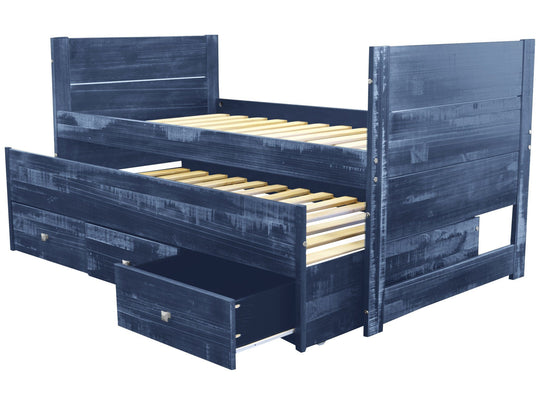 Weathered Blue twin Captain's bed showing the twin trundle and three storage drawers
