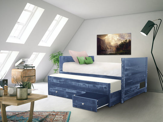 Three storage drawers on metal glides beneath the weathered blue BK551 Captain's bed