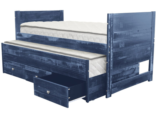 Weathered Blue twin Captain's bed with roll-out twin trundle and three storage drawers