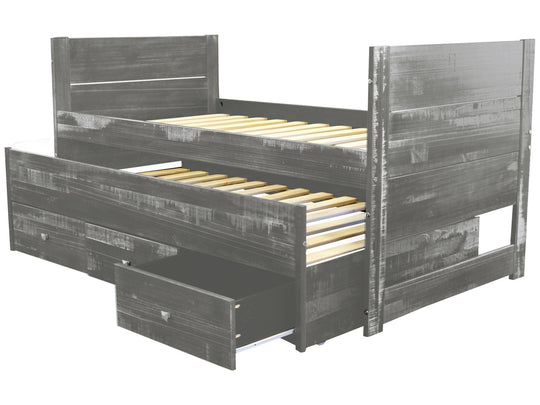 Weathered Gray twin Captain's bed showing the twin trundle and three storage drawers