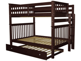 Full over Full Bunk Bed Dark Cherry with End Ladder and Full Trundle