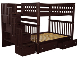 Full over Full Bunk Bed Dark Cherry with Stairway and 2 Extra Drawers