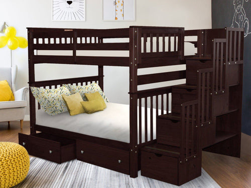 Bunk Beds Full over Full Stairway, 2 Drawers, Dark Cherry