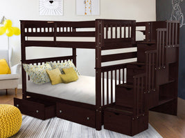 This Full over Full Stairway Bunk Bed with 2 Under Bed Drawers in Dark Cherry will look great in your home