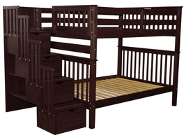 Full over Full Bunk Bed Dark Cherry with Stairway
