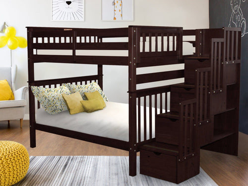 Bunk Beds Full over Full Stairway, Dark Cherry