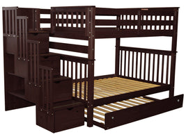 Full over Full Bunk Bed Stairway in Dark Cherry with Twin Trundle
