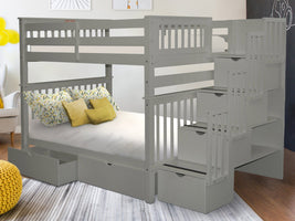 This Full over Full Stairway Bunk Bed with Two Under Bed Drawers in Gray will look great in your home