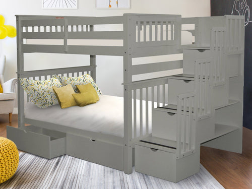 Bunk Beds Full over Full Stairway + 2 Drawers, Gray
