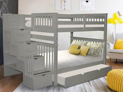 Bunk Beds Full over Full Stairway + Full Trundle Gray