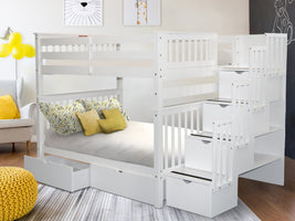 This Full over Full Stairway Bunk Bed with 2 Under Bed Drawers in White will look great in your home