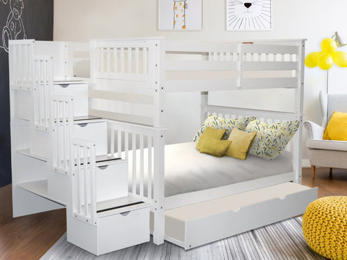Bunk Beds Full over Full Stairway + Full Trundle White