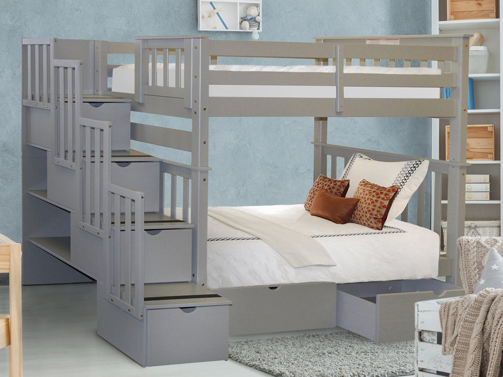 Bunk Beds Tall Twin Over Twin Stairway + 2 Drawers, Gray