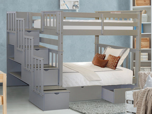 Bunk Beds Tall Twin over Twin Stairway + Drawers, Gray