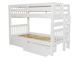 Twin over Twin Bunk Bed White with End Ladder and Drawers