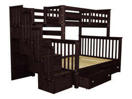 Stairway Twin over Full Bunk Bed in Dark Cherry with 2 Extra Drawers