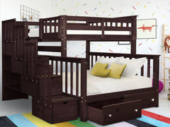 This Twin over Full Stairway Bunk Bed with 2 Under Bed Drawers in Dark Cherry will look great in your home