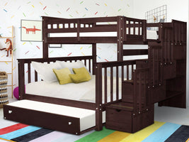 This Twin over Full Stairway Bunk Bed with a Full Trundle in Dark Cherry will look great in your home
