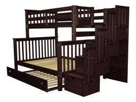 Stairway Twin over Full Bunk Bed in Dark Cherry with Full Trundle