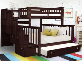 This Twin over Full Stairway Bunk Bed with a Twin Trundle in Dark Cherry will look great in your home