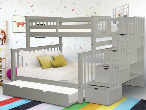 Bunk Beds Twin over Full Stairway + Full Trundle, Gray