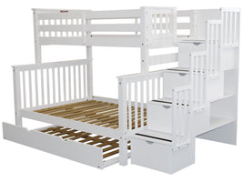 Stairway Twin over Full Bunk Bed White with Full Trundle 