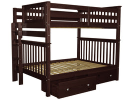 Full over Full Bunk Bed Dark Cherry with End Ladder and Drawers