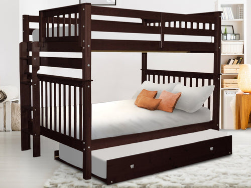 Bunk Beds Full over Full + Twin Trundle, Dark Cherry