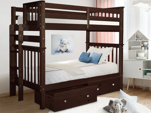 Bunk Beds Tall Twin over Twin + 2 Drawers, Dark Cherry