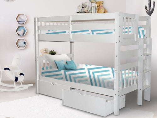 Bunk Beds Twin over Twin End Ladder + Drawers, White