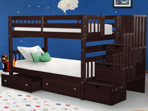 Bunk Beds Twin over Twin Stairway + 2 Drawers in Dark Cherry