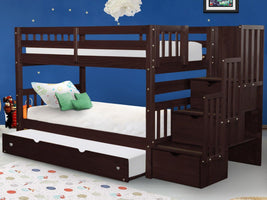 This Twin over Twin Stairway Bunk Bed in Dark Cherry with a Twin Trundle will look great in your child's bedroom